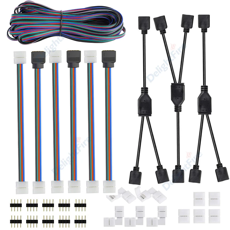 1 To 2 Way 4PIN LED Strip Connector Wires 10m 22AWG LED Extension Connectors For 10mm 5050 3528 RGB LED Strip Light