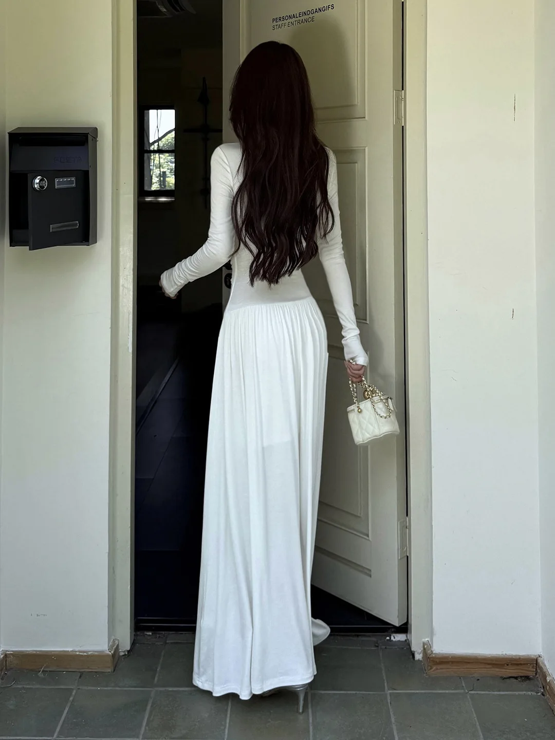 French Lace Panel Design Sheer White V-neck Dress Women's Elegant Slim-fit Ruched Long Dresses Autumn Party Evening Gown Robe