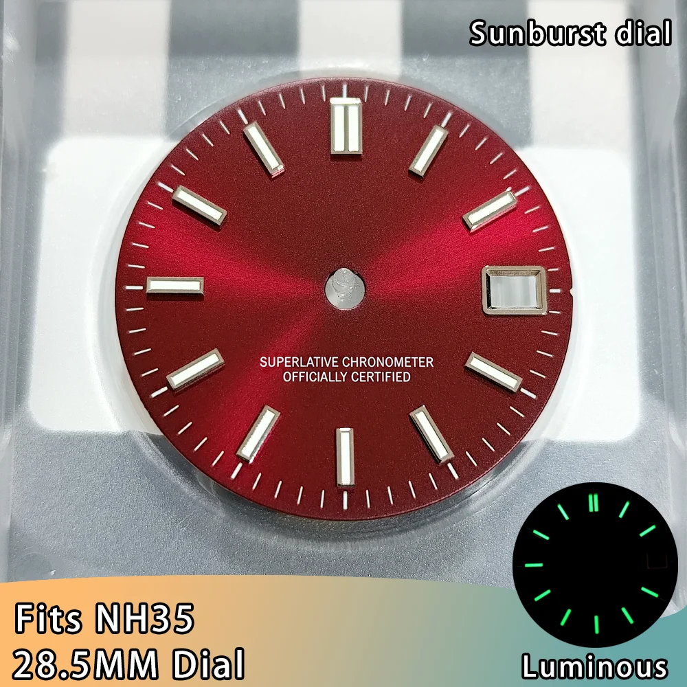 28,5-mm-Zifferblatt passend für NH35-Uhrwerk, NH35 rotes steriles Zifferblatt, 28,5-mm-NH35-Sonnenschliff-Zifferblatt, NH35 rotes Zifferblatt-Ersatzzubehör, NH35-Zeiger