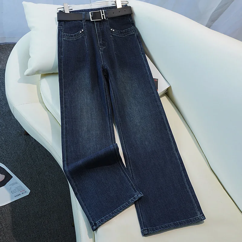 

Dark Retro Blue Jeans for Women, Spring and Autumn, Petite Loose High-Waisted Straight Pants