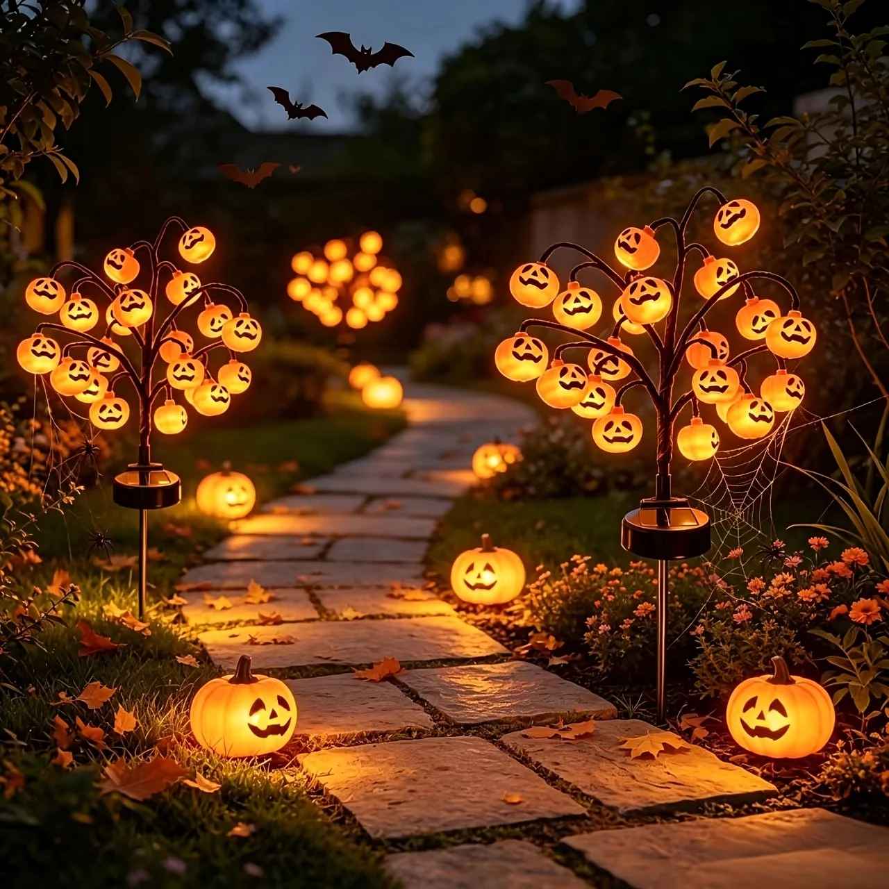 Solar Pumpkin Tree Stake Lights, Spooky Jack-O-Lantern LED Lamp, Waterproof Outdoor Decor For Halloween Yard Garden Party