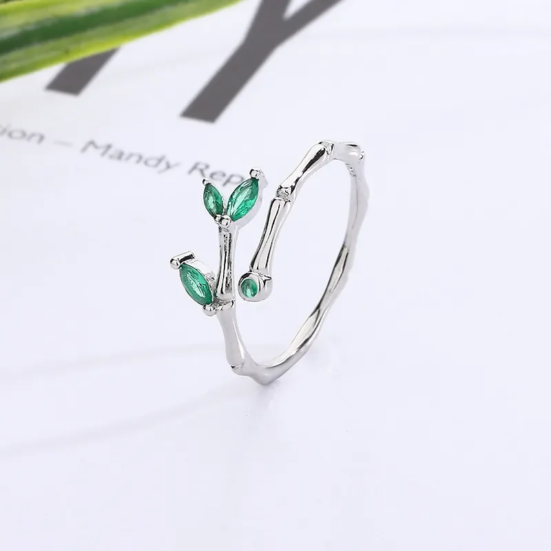 925 Stamp Silver Color Green Crystal Leaves Ring for Women Girl Gift Bamboo Bud Branch Party Jewelry Dropshipping Wholesale