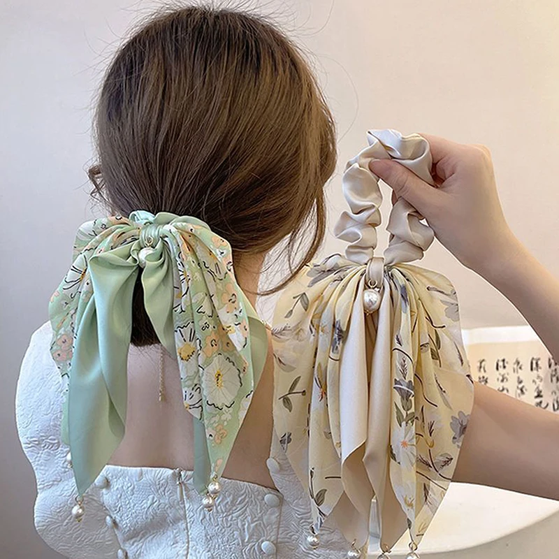 Hair Scarf Hair Scrunchy Chiffon Floral Scrunchie Hair Bands Ponytail Holder Scrunchy Ties Vintage Accessories For Women Girls