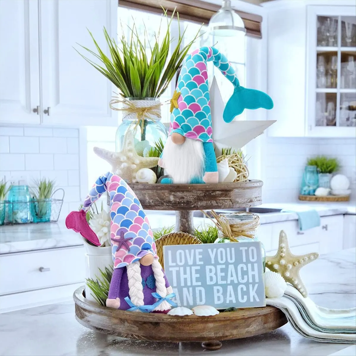 ABUA Spring Summer Gnomes Plush Decorations 2 Pack Handmade Beach Style Couple Stuffed Gnome Farmhouse Rustic for Home