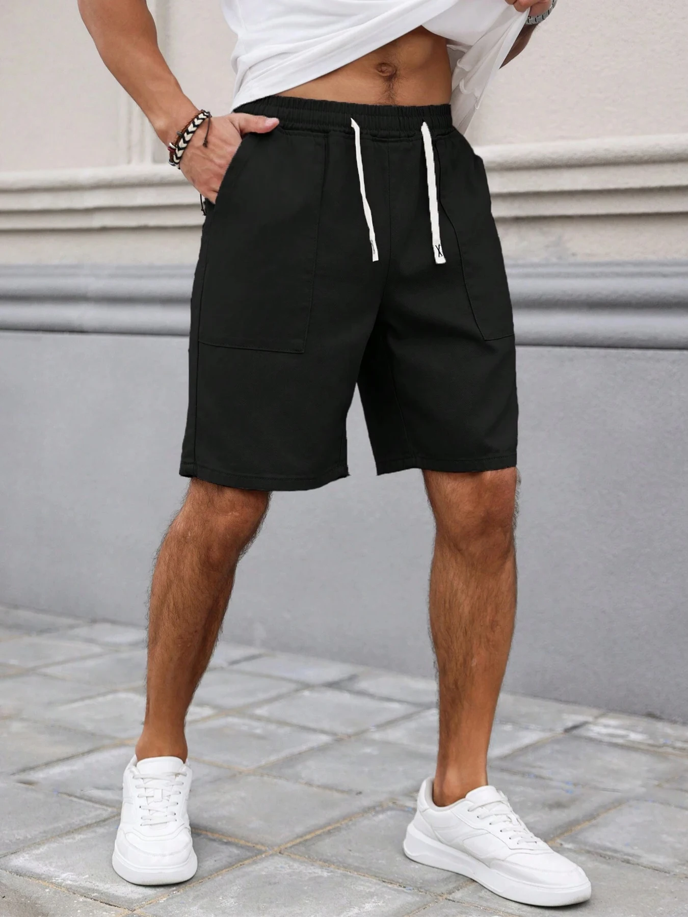 Sommer Herren Retro Amerikanischer Stil Shorts mit Kordelzug Lässige Hosen Einfarbig Trendige Mittellange Herrenshorts – Detail 10