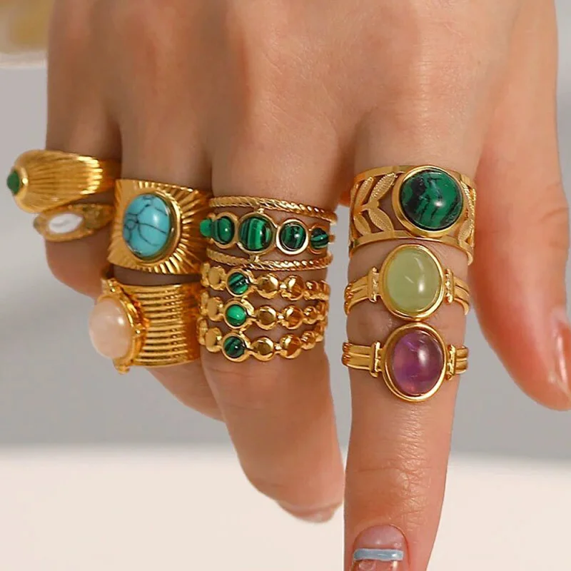 

French Retro Gemstone Open Ring INS Style Natural Stone Non-Fading Titanium Steel Ring High-End Feel Jewelry