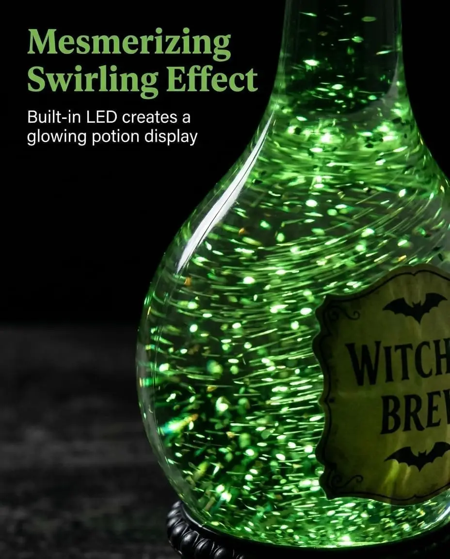 Lighted Witches' Brew Bottle Glitter Globe Green Light up with Swirling Glitter Effect Jewel Stopper