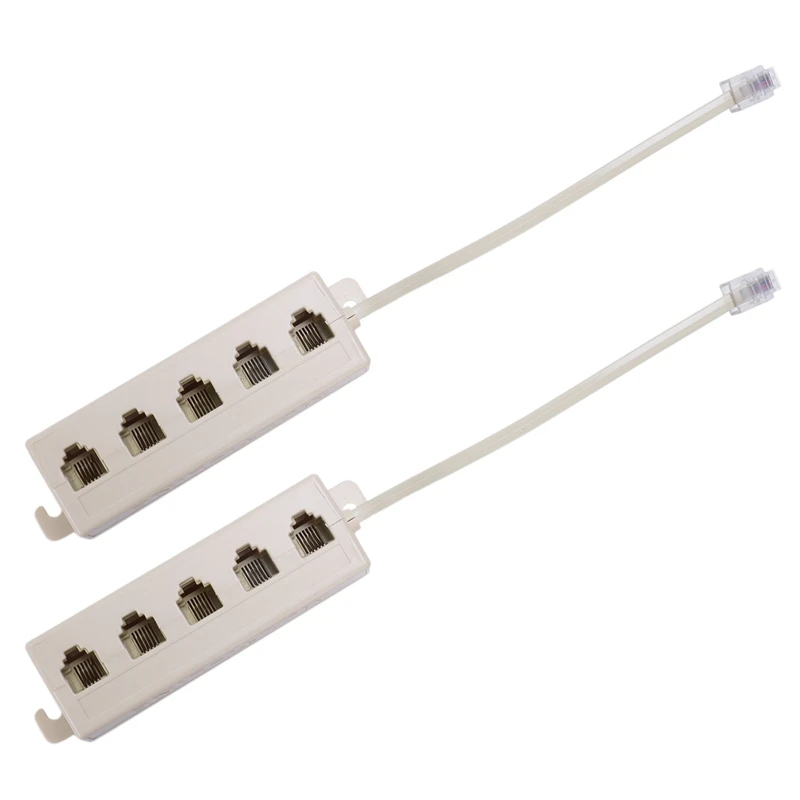 2X Beige RJ11 6P4C Male Plug To 5 Ports 6P2C Female Socket Phone Line Splitter Adapter