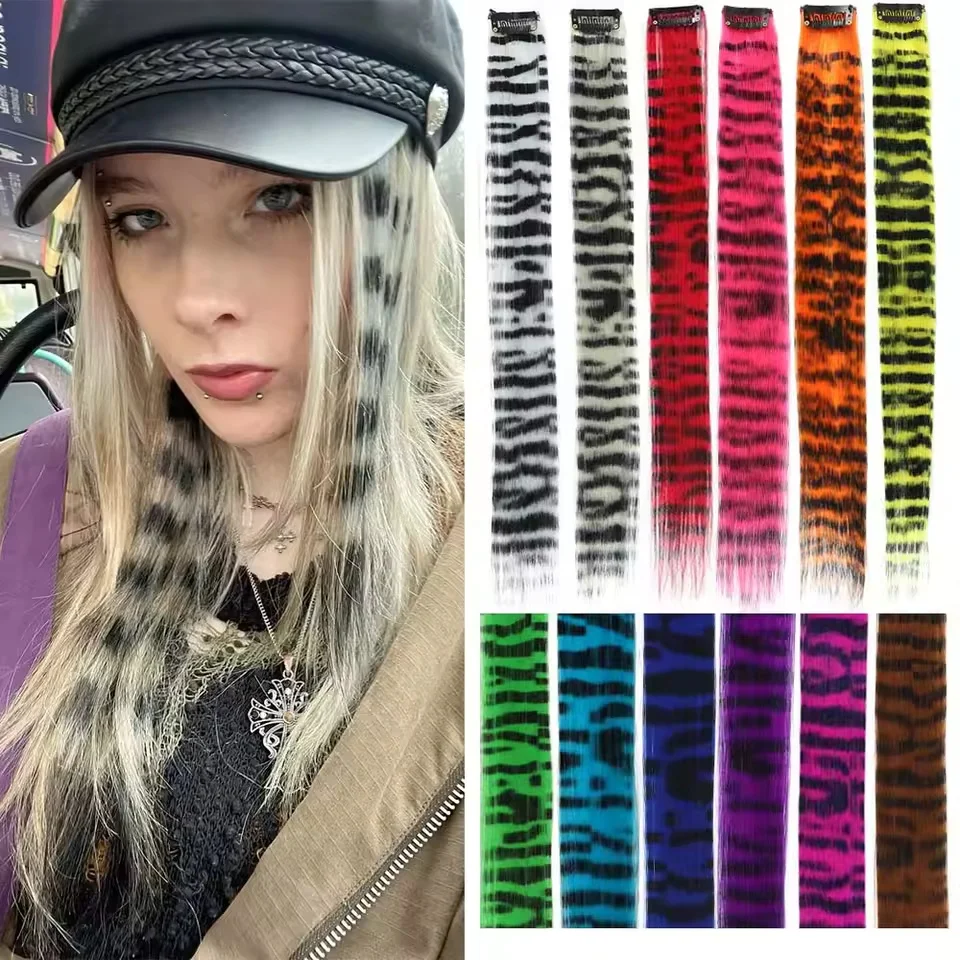 5 piezas set de extensiones de cabello liso largo con estampado de rayas, clip-in sintético para uso diario, fiesta, Navidad