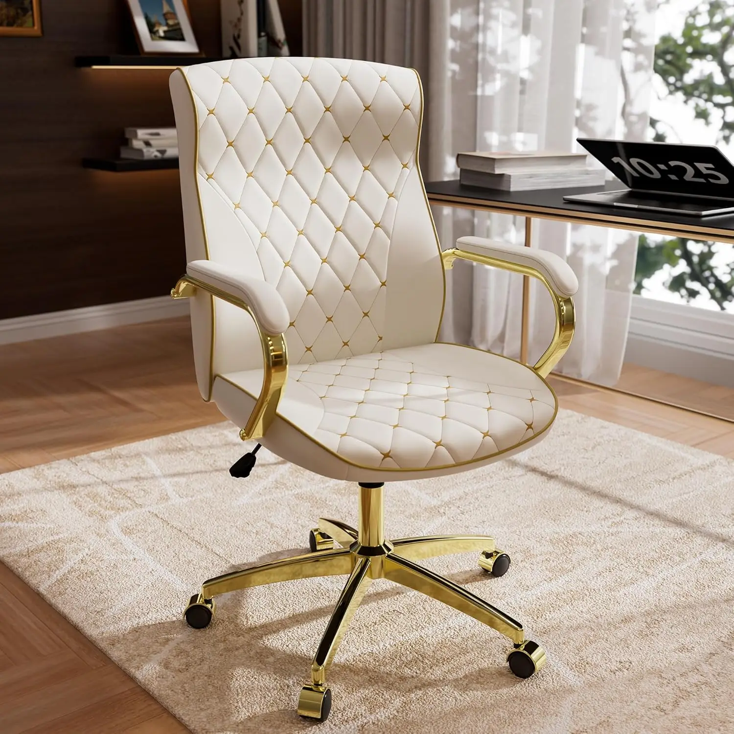 

White and Gold Office Chair with Soft Leather Embroidery, Mid Back Vintage Swivel Executive Desk Chair, Adjustable Height