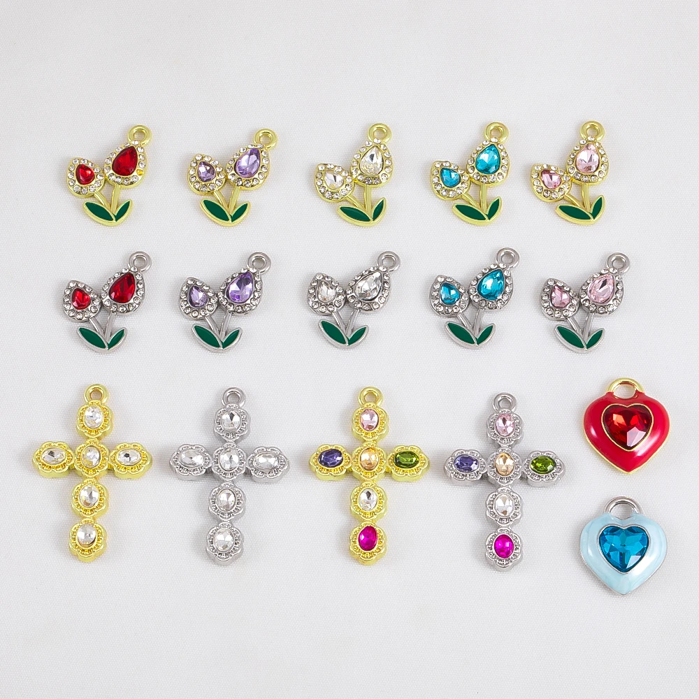 2Pcs Alloy Rhinestone Cross Little Flower Heart Charms Pendant For DIY Necklace Earrings Bracelets Jewelry Making Accessories