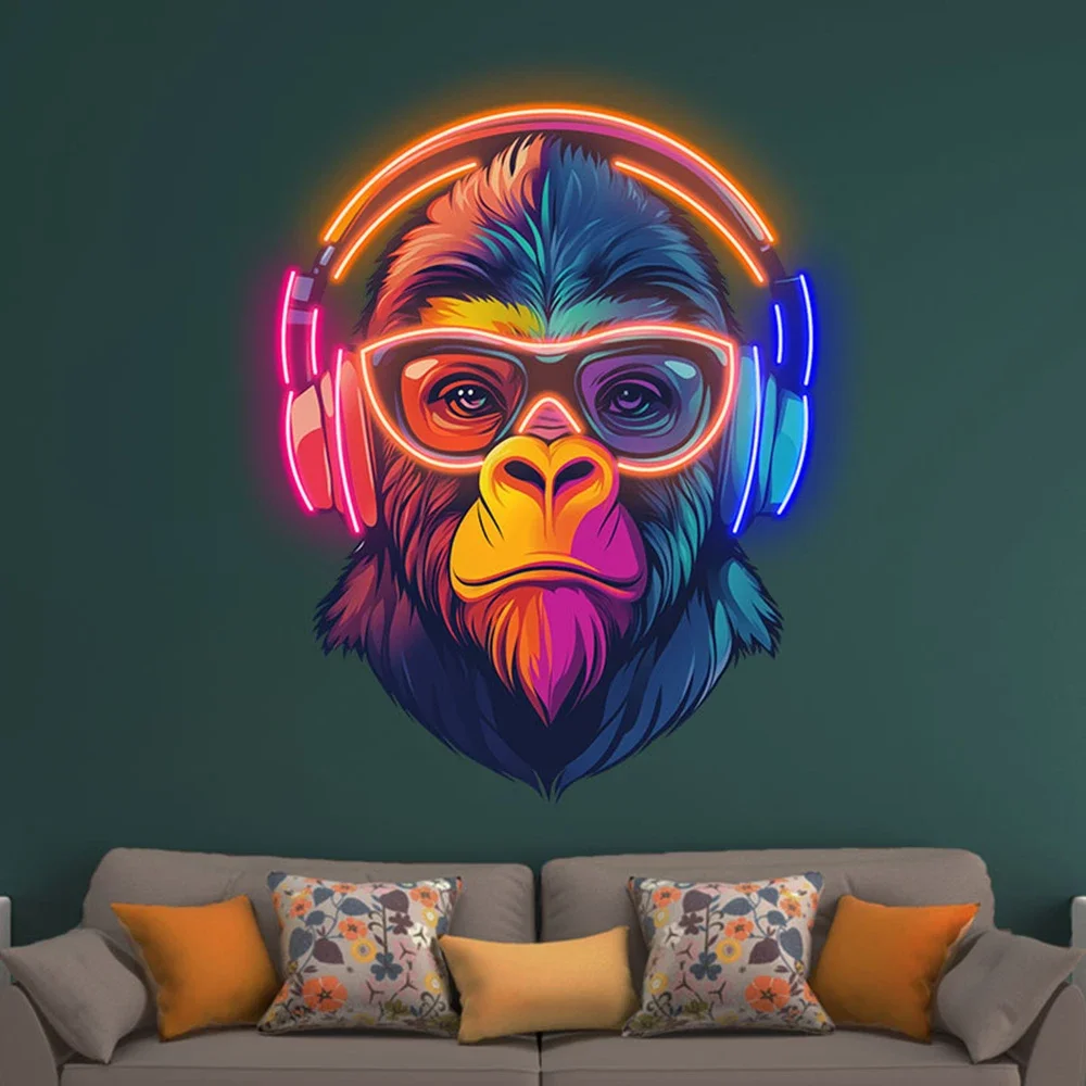 Mono con auriculares, letrero de neón, obra de arte, decoración de dormitorio, sala de juegos, cueva de hombre, luz Led personalizada, decoración de pared para hogar, Bar y Club