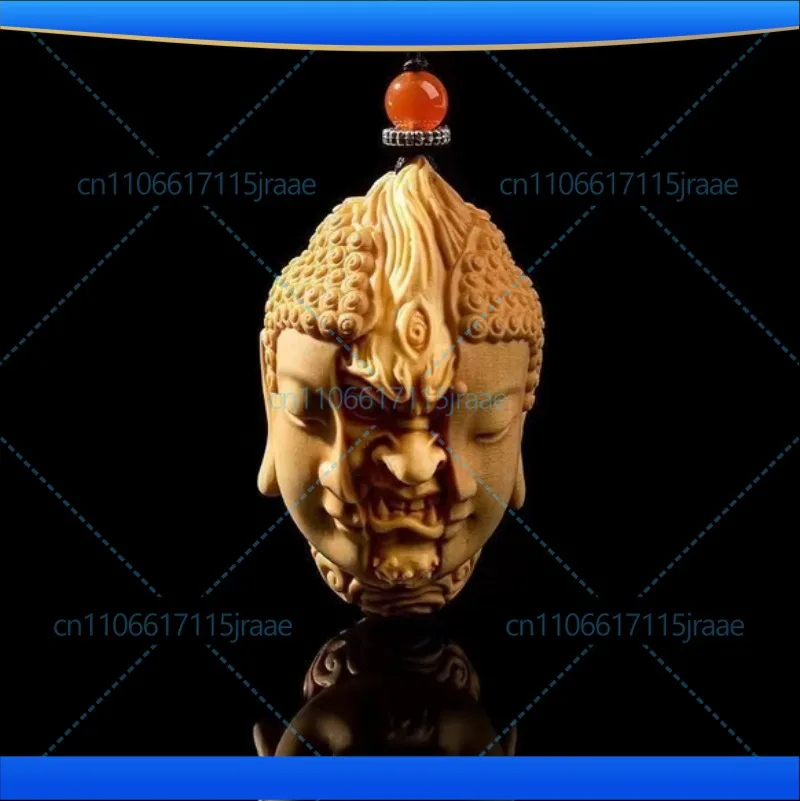 Hand Carved Wooden Buddha Demon Head Duality Pendant Charm Keychain Spiritual Art Figurine Ornament Car Bag Hanging Unique Gift
