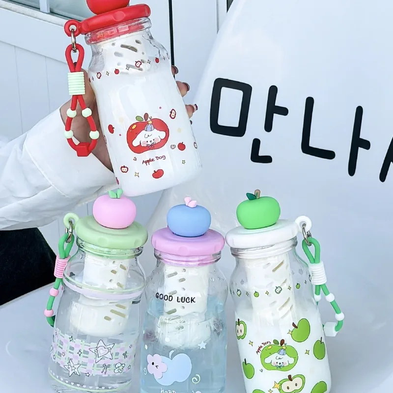 600ml New High Beauty Milk Straw Cup for Girls, Apple Cat, Handheld Rope, Water Cup, Tea Separation, Cute Plastic Cup