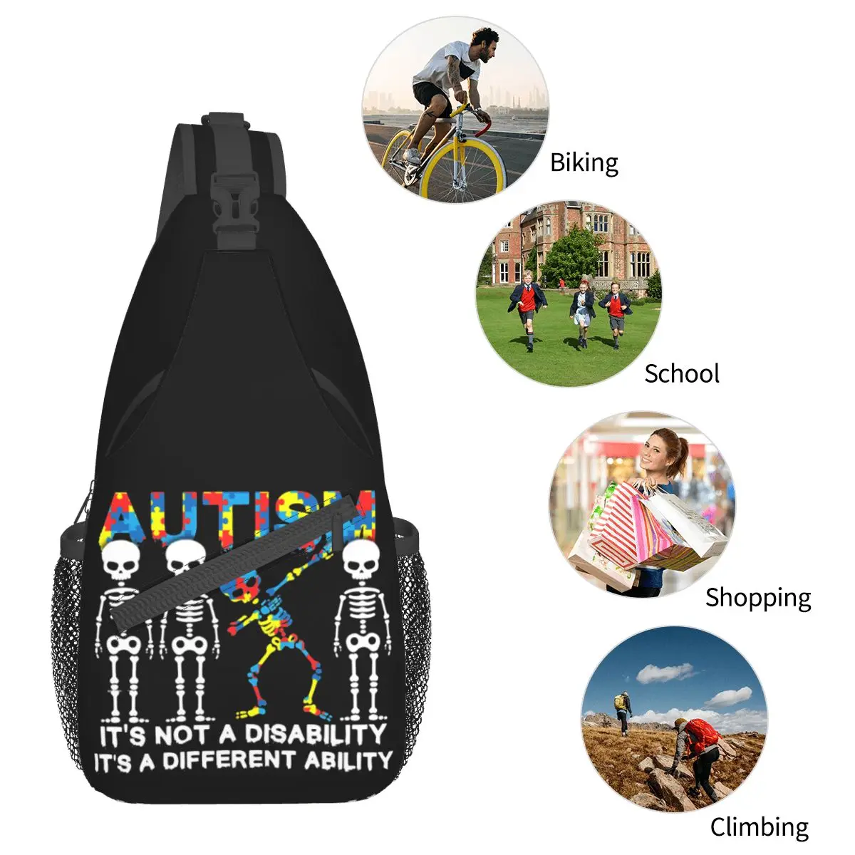 Autismo Costume abilità Crossbody Sling Bag borsa petto Dabbing scheletro spalla zaino Daypack per escursionismo viaggio ciclismo Satchel