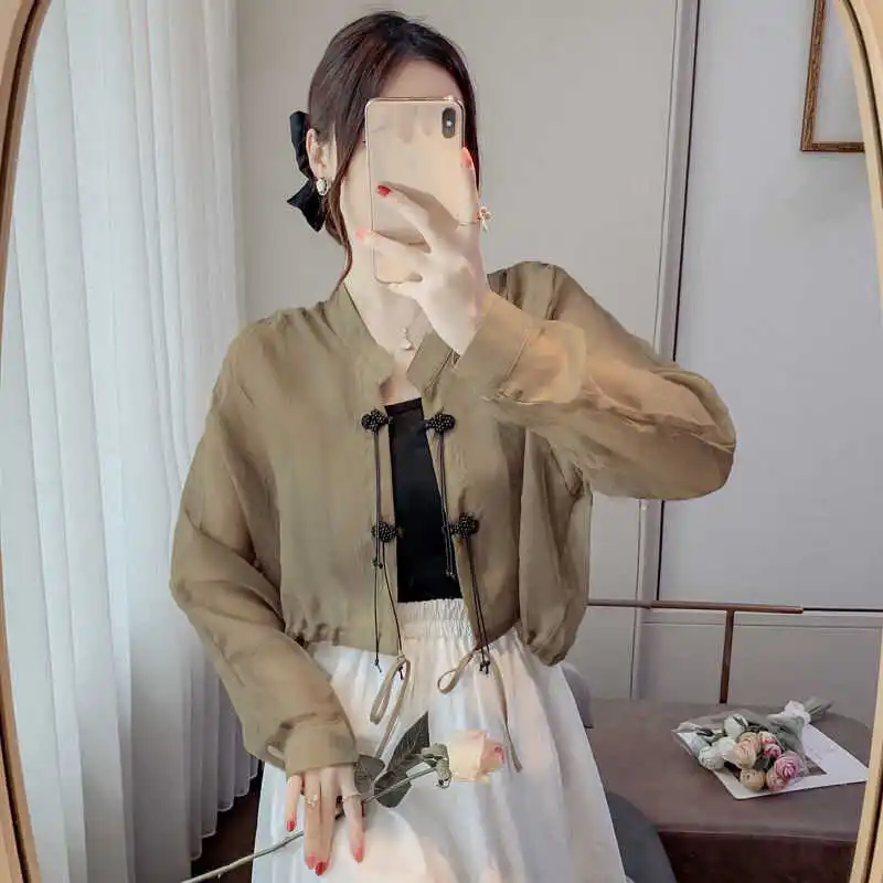 

New Chinese Sle Beautiful Tang Suit irt Women Loose Ice Silk Casual with Susps High-End Feeling Retro Button up Top