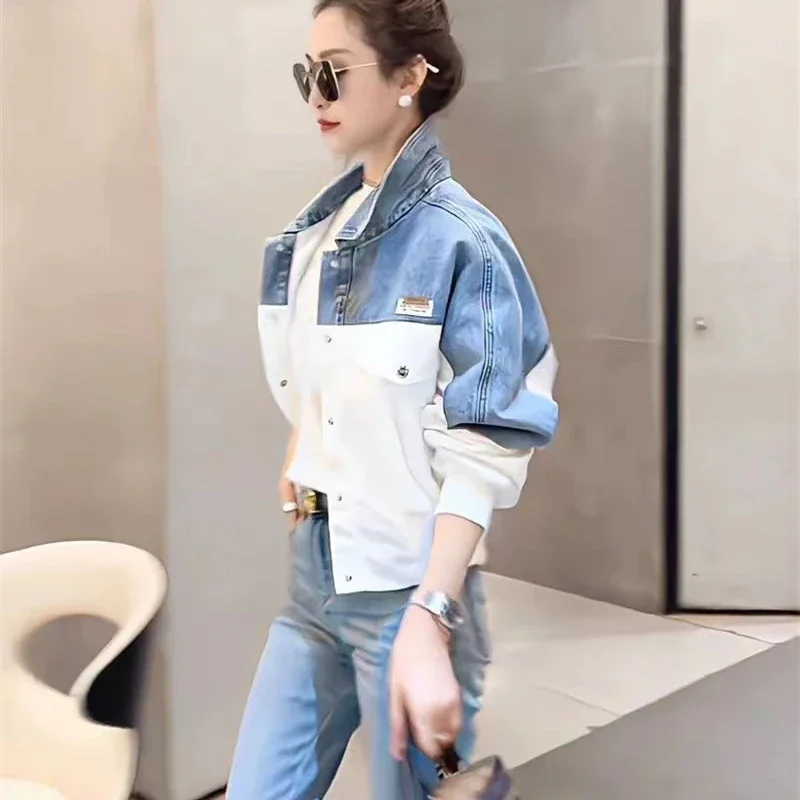 Vintage Denim Jacket Women Y2k Clothing Short Tops Korean Fashion Long Sleeve Loose Denim Patchwork Spring Autumn Jacket Casual