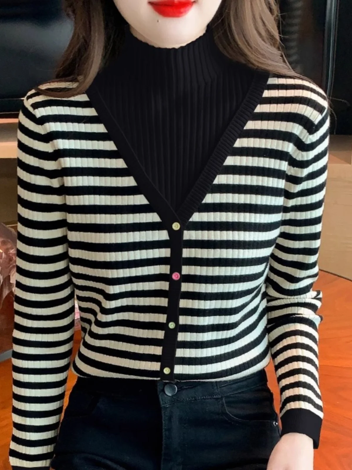 Suéter feminino de malha com gola alta, pulôver longo sve v-ne com camada base fashionable para outono e inverno