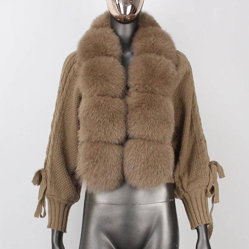 

2024 Winter Women Knitted Jacket with Natural Fur Placket Coat New Knitting Cardigan Casual Real Fox Fur New Fashion Short Warm