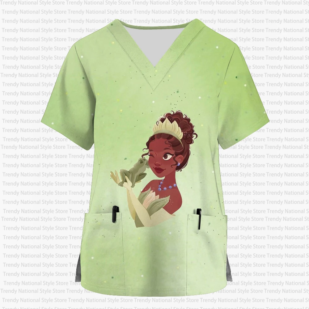 2026 Disney Princess Tiana Infermieristica Stampa smerigliata Negozio di animali Salone di toelettatura T-shirt da lavoro Nuova estate Uniforme da infermiera delle donne