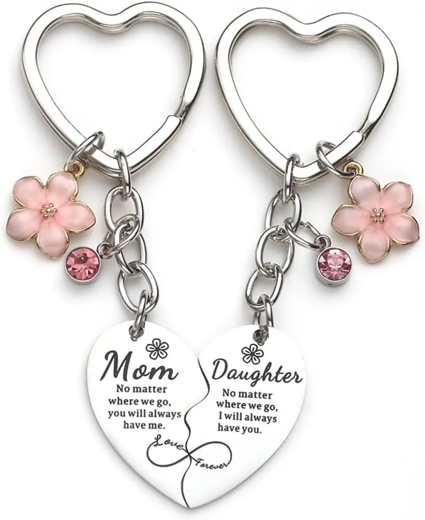 Mother Daughter Matching Keychain - 2 Piece Metal Heart Keychain, Charm for Purse, Perfect Mom Daughter Gifts