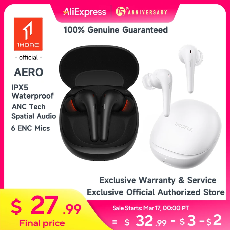 1MORE Aero Earbuds Noise Cancellation Bluetooth 5.2 Customizable EQs Clear Calls 28h Playtime Wireless Charging headset