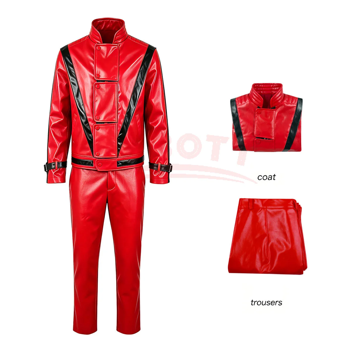 Michael Jackson Cosplay-Kostüm Roter Kunstledermantel Hose Herren Halloween Weihnachtsfeier Bühnenauftritt Rollenspiel-Anzug
