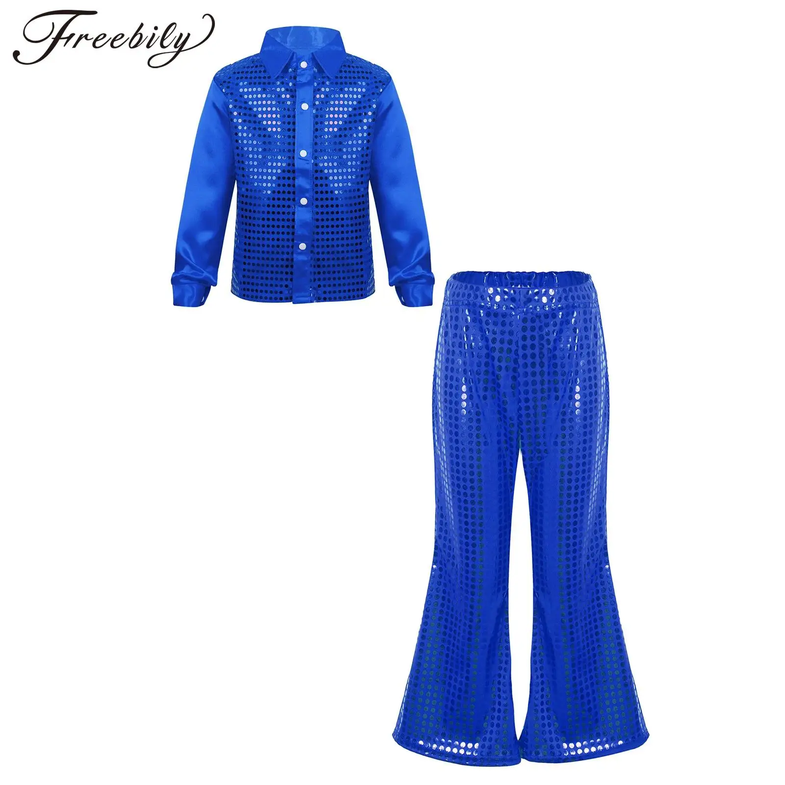 Kids Boys Jazz Dance Outfit Glittery Sequined Children Fashion Clothes Hip Hop Outfits 2 Piece Set Street Dancing Costumes