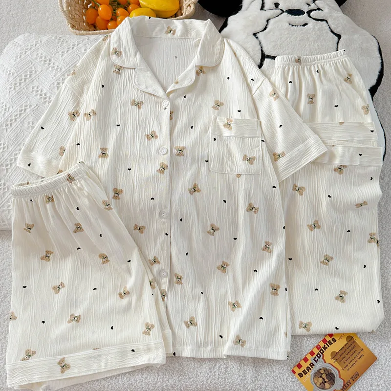 

Ins Style Three-Piece Woman Pajama Set Bear Love Spring Autumn Wrinkled Cloth Pyjama Short Sleeve Pants Pijama Mujer Loungewear
