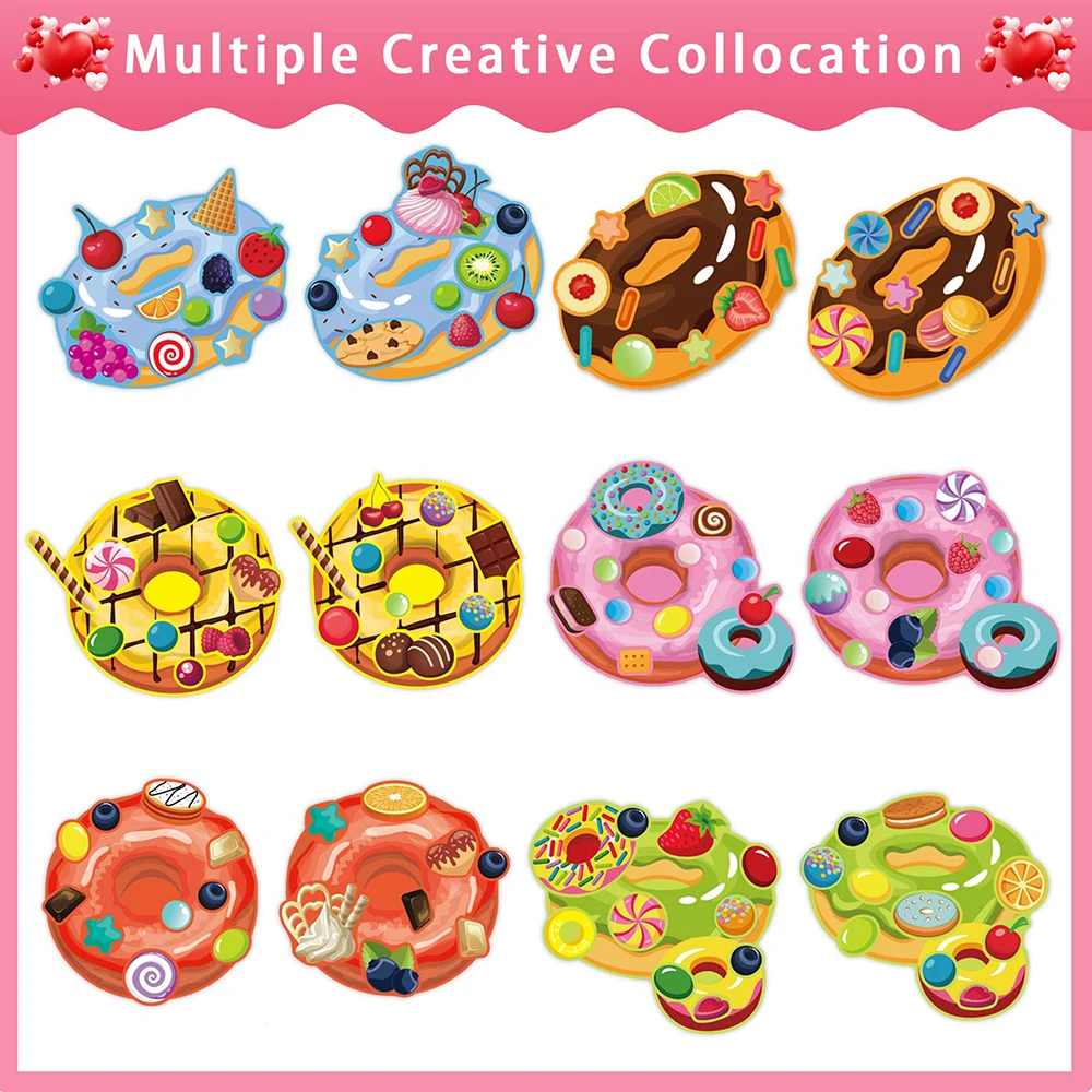 6/12Sheets DIY Donut Puzzle Stickers Make-a-Face Candy Dessert Kids Funny Jigsaw Toy Interactive Educational Children Party Gift