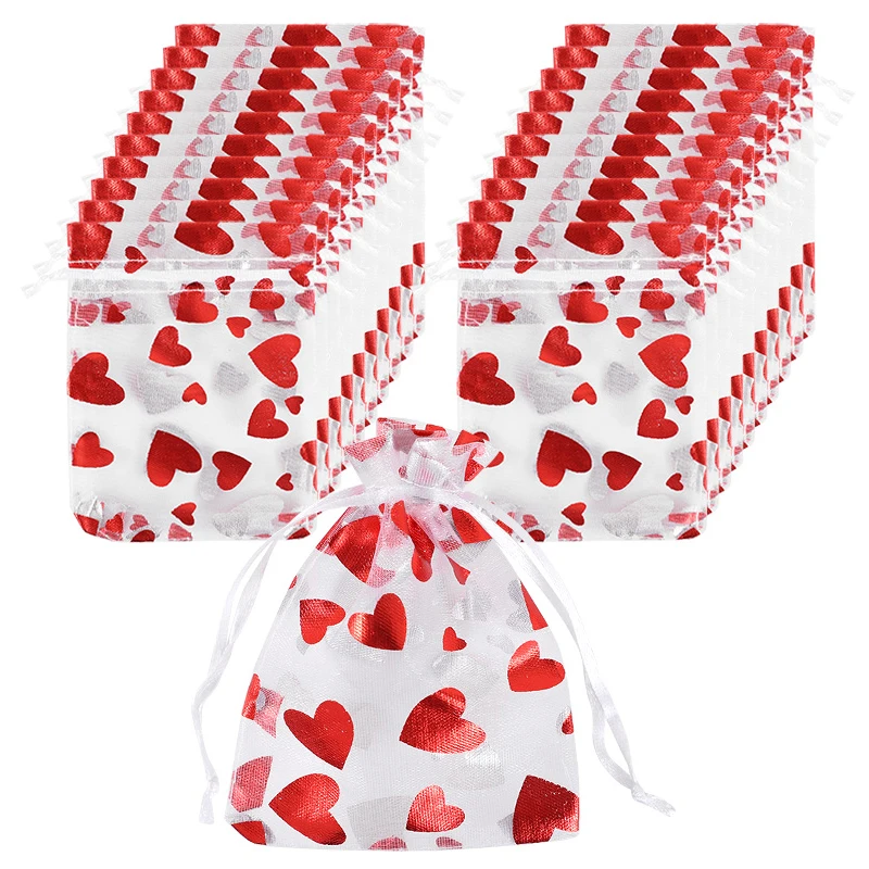 

50 Pcs Red Love Heart Organza Bags Satin Drawstring Valentine's Day Christmas Candy Jewelry Bags Pouches Wedding Party Birthday