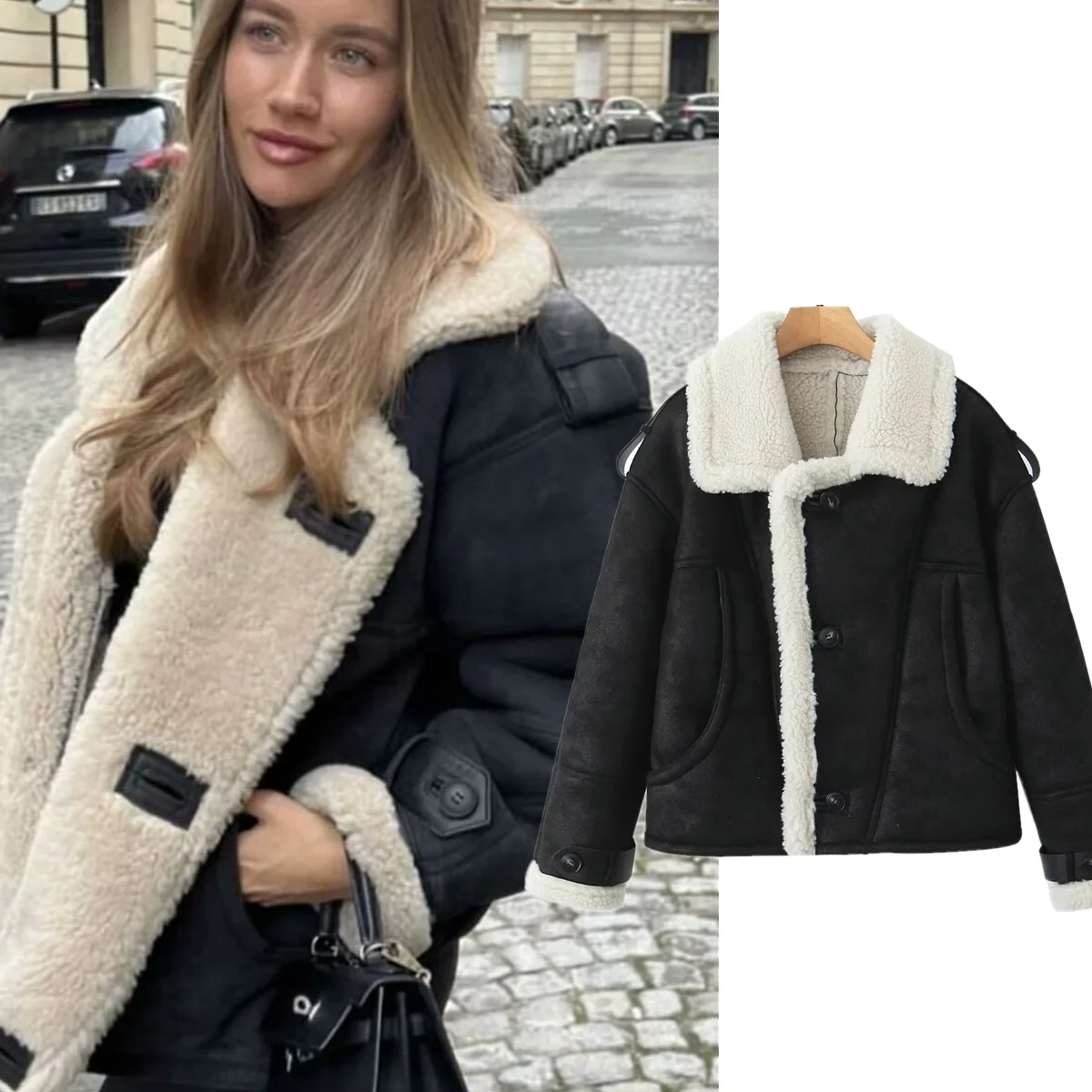 Dave&Di Top Quality Winter Coat Women Suede Lambskin Loose Overoat Ins Fashion Blogger Retro Jacket