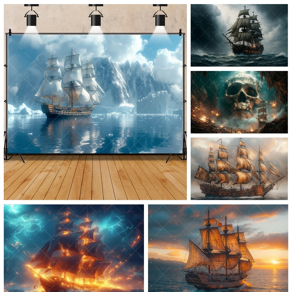 

Ocean Pirate Ship Adventure Backdrop Custom Birthday Party Decor Banner Poster Kid Portrait Photography Background Photo Studio