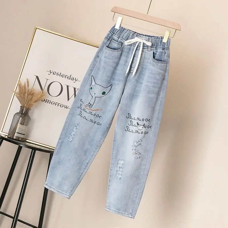 Women Embroidered Ninth Jeans Spring Summer Harem Pants Loose Thin Elastic Waist Leisure Plus Size Retro Free Shipping Wholesale