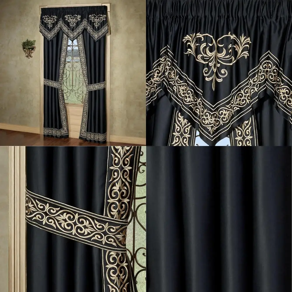 ผ้าม่านหรูหราด้วยผ้าซาตินสีดำสุดหรูและงานปักลายม้วนสีทอง ดีไซน์ที่ได้แรงบันดาลใจจากพระราชวังเพื่อความสง่างาม
