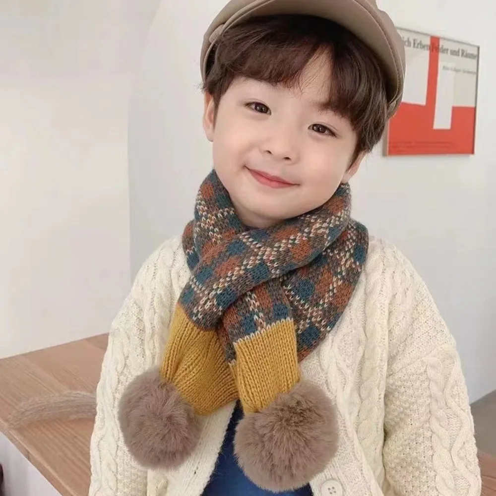 Soft Pompon Trim Plaid Knitted Scarf Stripe Pattern Warm Thicken Fabric Patchwork Shawl Warm Neck Cover Children Cross Scarf