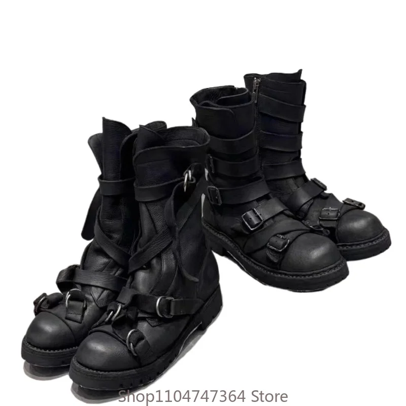 British Classic Fashion Motorcycle Mid Calf Boots Men's Shoes Genuine Leather Work High Top Youth Round Toe Chelsea Boots Male