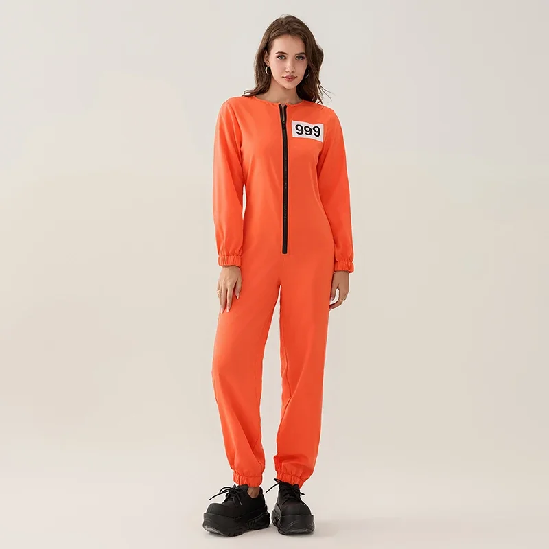 

Women Prisoner Costume Halloween Long Sleeve Front Zip Up Inmate Jumpsuit Penitentiary Cosplay Carnival Party