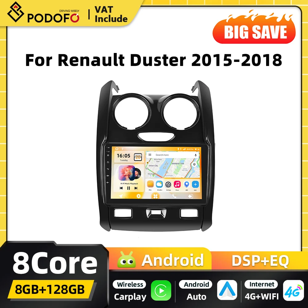 Reproductor Multimedia para Auto Podofo 8+128G Carplay 2DIN Android para Renault Duster 2015 2016-2018 Sistema Inteligente GPS 4G WIFI FM RDS 1