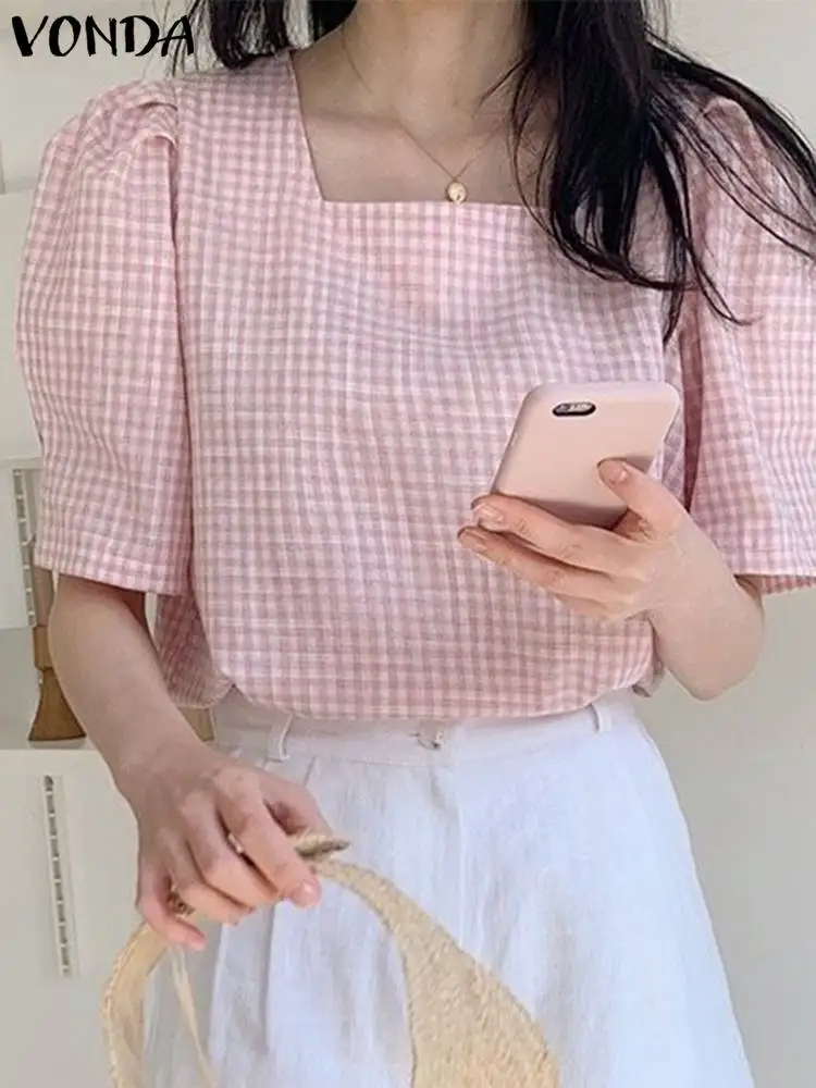 VONDA Women Elegant Plaid Blouse Summer Tops Casual Short Puff Sleeve Shirts 2024 Vintage Square Collar Loose Tunic Blusas Femme