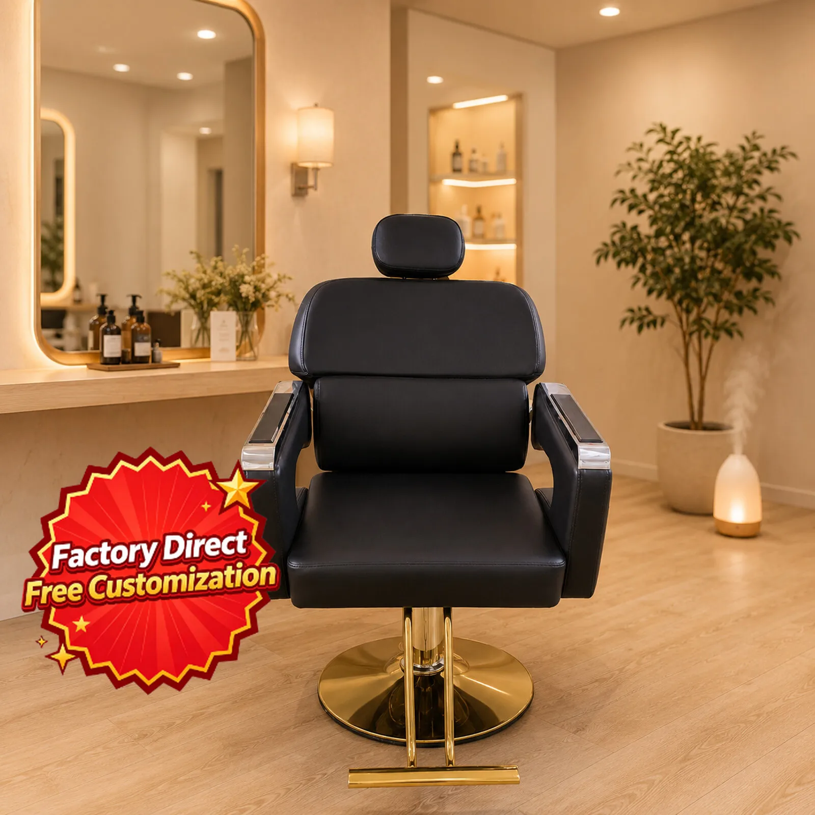 Heavy‑Duty Hydraulic Barber Chair Reclining 360 Rotate Gold Base Salon Hair Styling Furniture