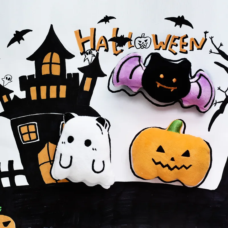Halloween-Hundeplüsch-Quietschspielzeug – Geister-Kürbis-Fledermaus-Stofftiere für kleine Hunde, Welpen, festliches Kauspielzeug für Haustiere