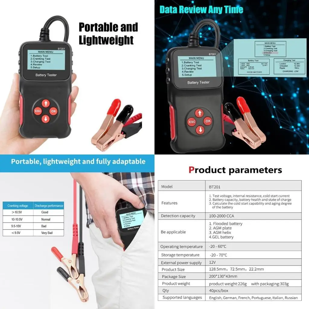 

02de Battery Tester Tool Bt201 100-2000 CCA для автомобильных мотоциклов для грузовых автомобильных прицепов.