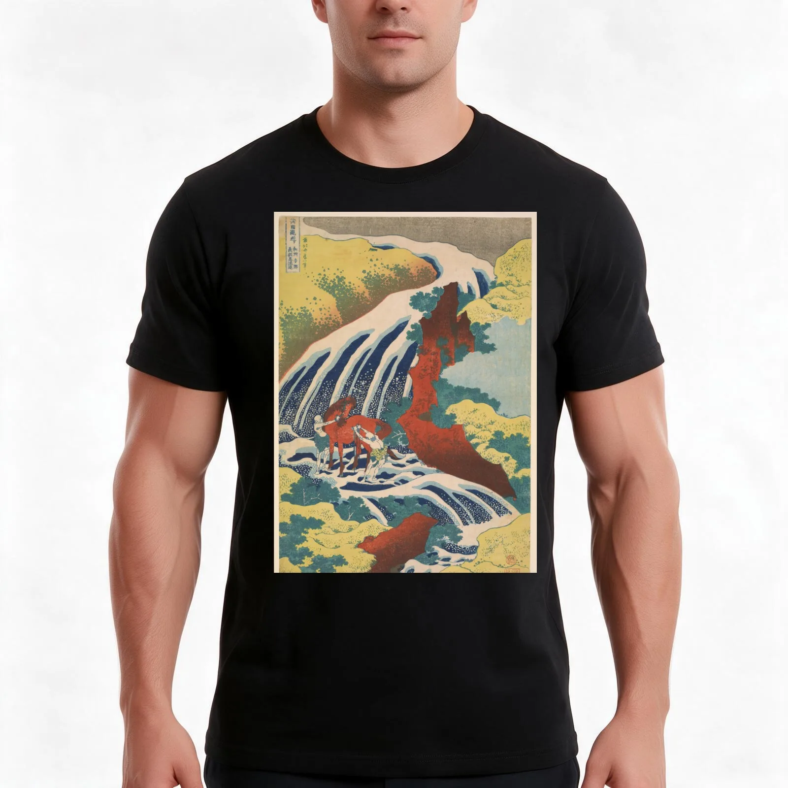 Hokusai Waterfalls T-Shirt, Summer Casual Cotton Tee, Oversized Streetwear Tops, Vintage Graphic Print, Loose Fit Short Sleeve