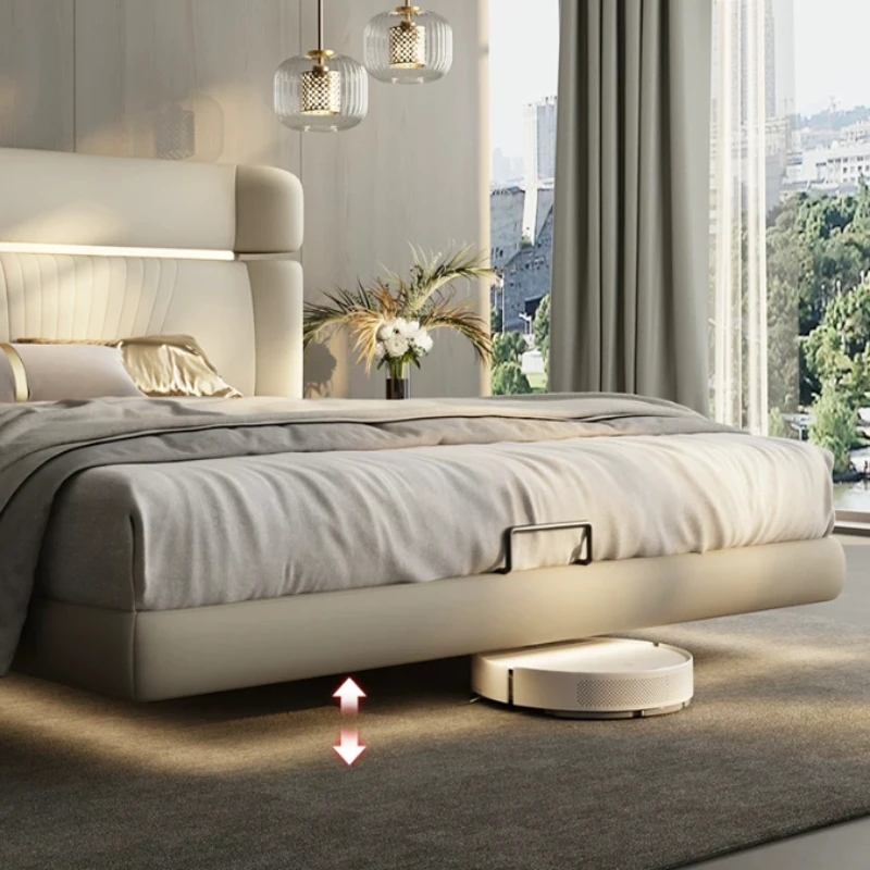 Large Headboard Adult Bed Frame Waterproof Beige Wooden Floating Double Bed Queen Luxury Platform Cama Casal Furniture For Home