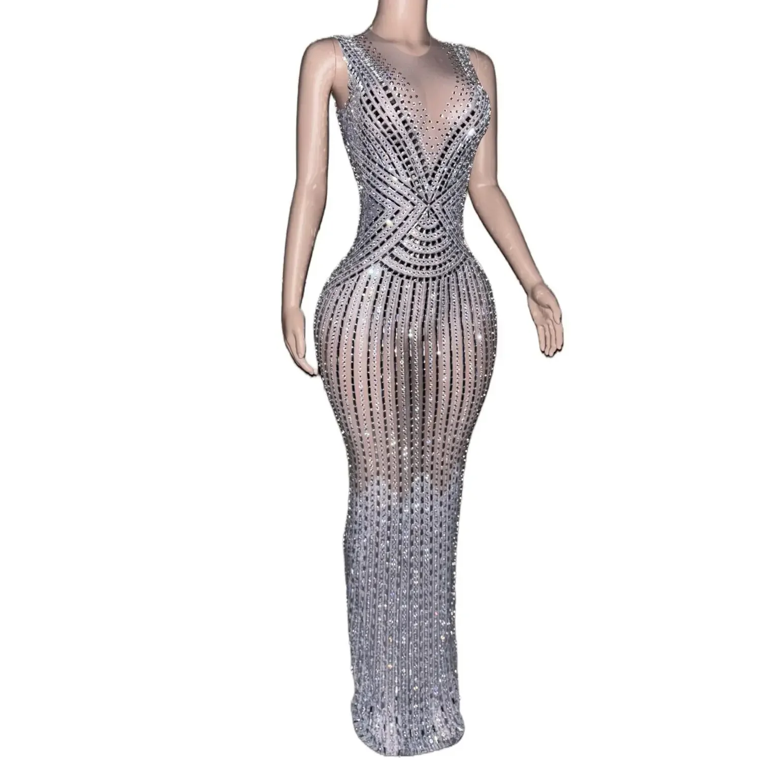 Sexy Rhinestone Crystal Birthday Wedding Party Slim Dress Elegant Long Pageant Prom Dress Fashion Women Evening Dress Stage Gown