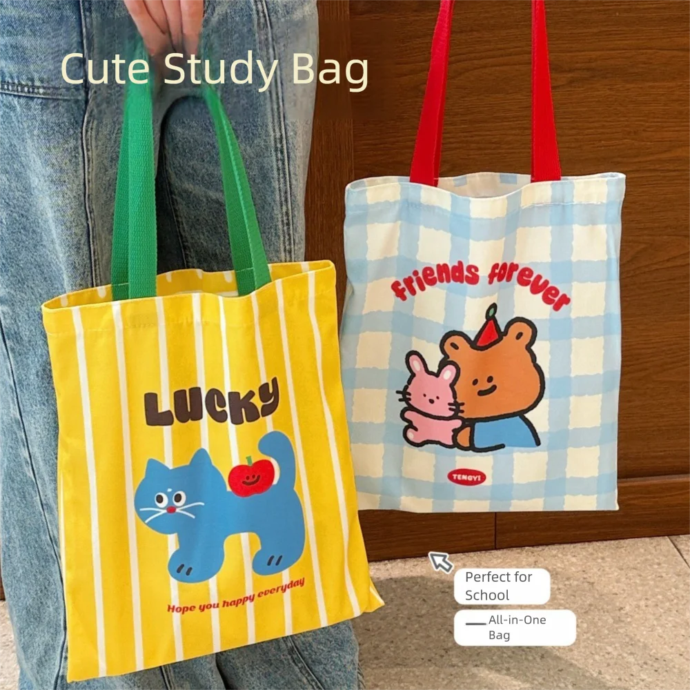 

New Cute Style Cartoon Canvas Bag Kitten Print Large Capacity Shoulder Bag Resuable Lightweight Cute Canvas Bag Girls Gift
