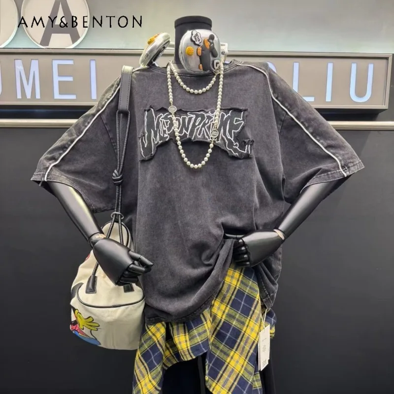 

American Retro High Street Distressed Patchwork Embroidered Letter Short Sleeved T-shirt Women's Loose Fit Versatile Couple Tees