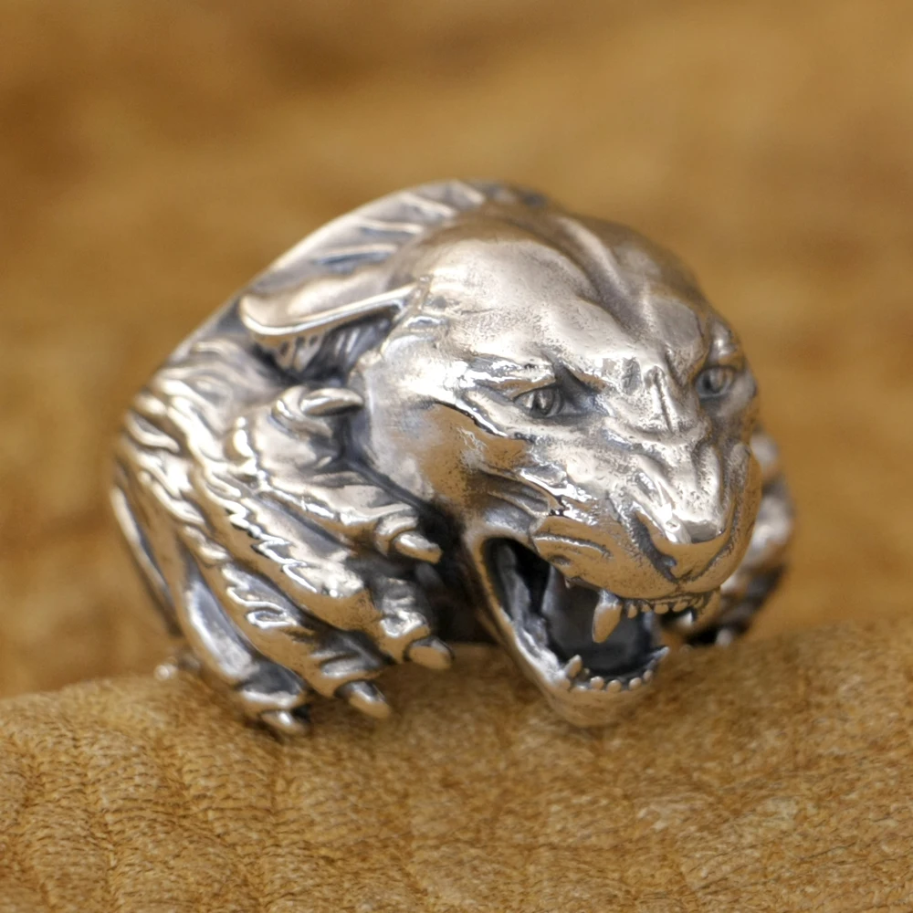 925 Sterling Silver Hunting Leopards Punk Ring TK348 Open US Size 8~15 BZ