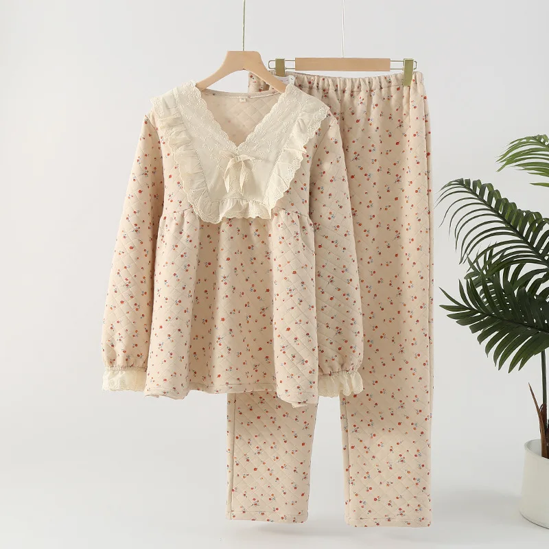 

Новые осенние и зимние женские пижамы, брюки с длинными рукавами, комплект из 2 предметов, 100% хлопок, домашняя одежда с цветочным принтом, женские пижамы